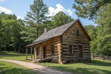 Obraz premium Wooden log cabin with a weathered roof and trees in the background, forest, rural, weathered wood