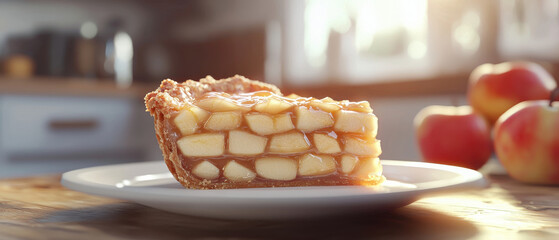 Delicious slice of homemade apple pie on white plate, showcasing golden crust and fresh apple filling, perfect for dessert lovers
