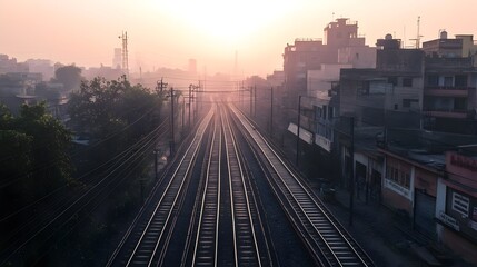 Fototapeta premium photo of a drone shot of delhi's electrified marathon tracks, electric trail on the tracks, early morning time, photorealistic.