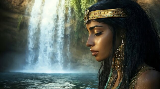 Anuket, the goddess of the Nile with waterfall background