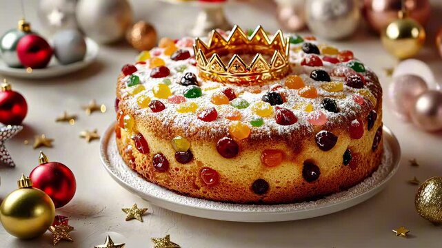 Rosca de Reyes cake topped with delicate golden crown and candied fruits. Three Kings Day, Epiphany. Feliz Dia de Reyes
