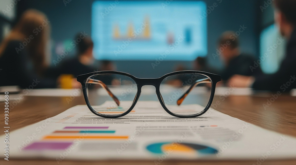 Poster close up photo of pair of glasses resting on document in meeting room, with blurred colleagues in ba