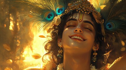 Lord Krishna smiling with peacock feathers in his crown