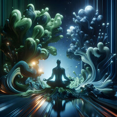 Abstract forest of glossy calm concept as A surreal glossy forest with flowing shapes and neon lights surrounding a person meditating merging nature with digital elements. in  Photo Stock  Concept 