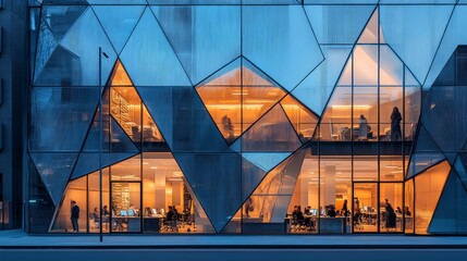 Modern glass building exterior at night, showing interior office spaces with workers.