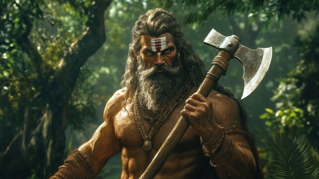 Parashurama with Axe standing in the forest
