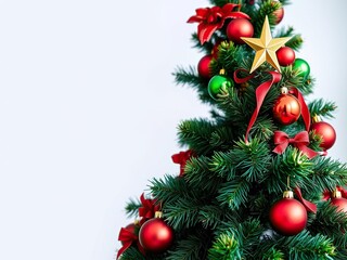 a beautifully decorated christmas tree with red and green ornaments and a star on top, christmas trees, snowy scene, pinecones