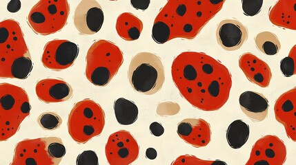 Leopard spots in soft red and beige, abstract design with varying spot sizes, seamless pattern, light taupe background, vector illustration, Photorealistic