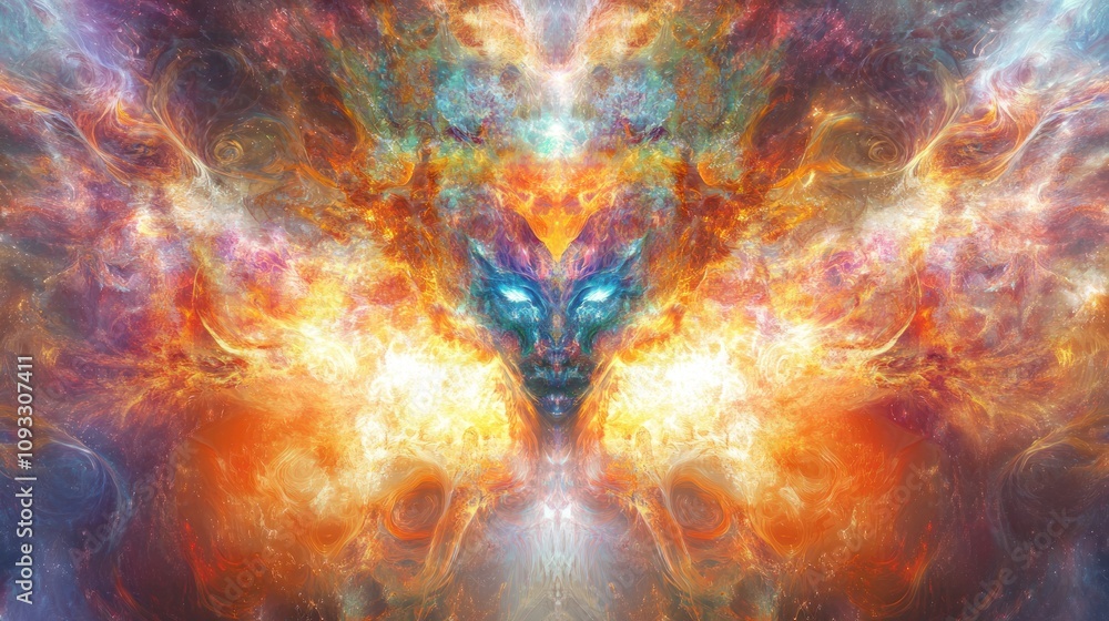 Poster god, showcasing swirling energy patterns and luminous particles emanating from a central figure.