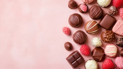 Fototapeta premium Assorted chocolates and raspberries on a soft pink background create a sweet temptation, AI