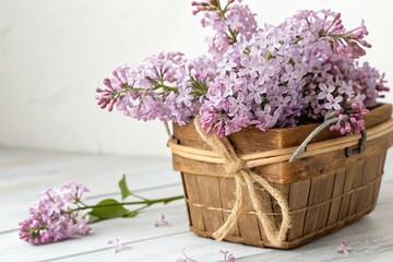 Obraz premium A bunch of fresh lilacs tied together with twine in a rustic wooden basket, spring bouquet, woven basket