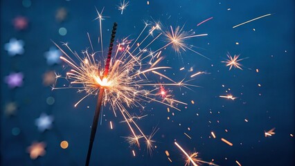 Obraz premium A burst of colorful sparks and stars exploding in the air on a dark blue background, explosion, light show, burst, pattern, dynamic