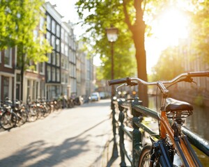 Biking through scenic amsterdam canals urban lifestyle natural light serene environment