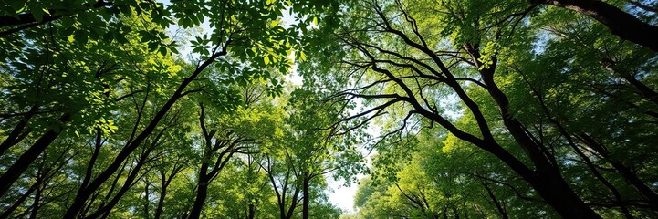 Fototapeta premium A canopy of leaves and branches overhead, filtering sunlight and casting dappled shadows on the forest floor, tree foliage, canopy