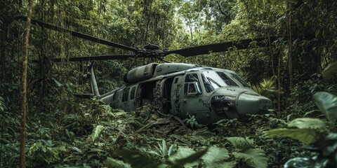 An abandoned helicopter rests in a dense jungle. The vivid greenery surrounds the faded aircraft, telling a story of nature reclaiming man-made structures. 