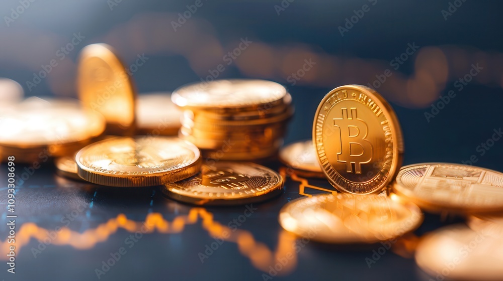 Poster close-up of shiny bitcoin coins stacked on a surface, with a glowing financial chart in the backgrou
