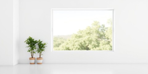 A blank canvas of an empty white wall with two small potted plants and a window that frames the view outside, interior design, empty room, simple elegance