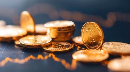 Close-up of shiny bitcoin coins stacked on a surface, with a glowing financial chart in the background symbolizing cryptocurrency trends.