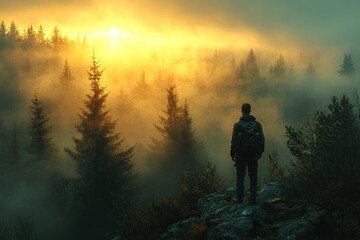 Obraz premium A man with a backpack standing on top of a rocky cliff, looking out over a forest bathed in the soft light of the rising or setting sun. 