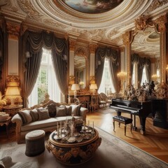 Lavish Rococo-style living room featuring gilded furnishings, intricate molding, and a grand chandelier centerpiece