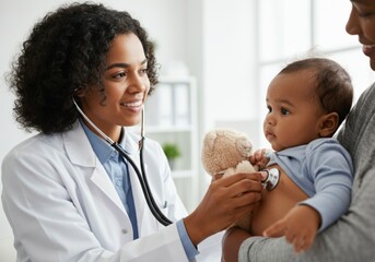 Pediatric doctor examining baby with stethoscope in clinic