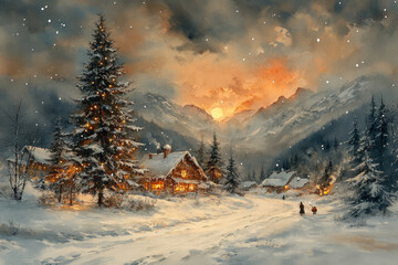 Fototapeta premium Winter village in the mountains at sunset. 