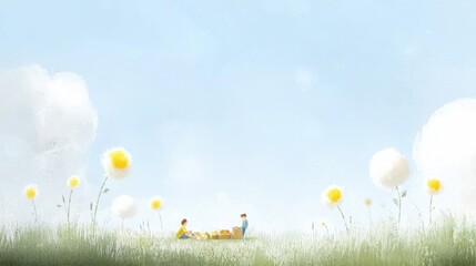 Children enjoying a sunny day in a flower field outdoor nature scene bright and cheerful environment