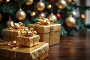 A close-up view of golden gift boxes wrapped in festive ribbons, with delicate glass balls dangling on strings, set against a backdrop