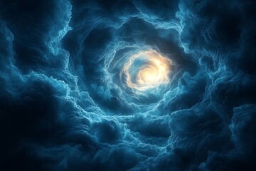 A swirling vortex of dark blue storm clouds with a bright light at the center