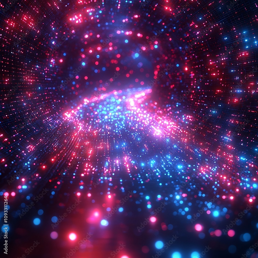 Poster dynamic quantum data transferring across futuristic glowing particles in minimalist backdrop