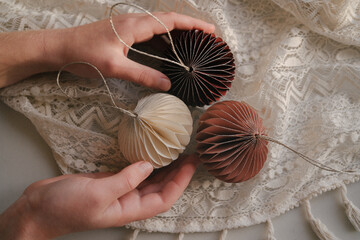 Christmas, New Year composition. Aesthetic Scandinavian Christmas paper honeycomb ornaments and...