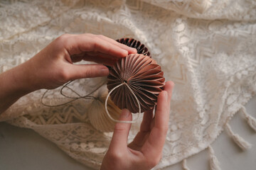 Christmas, New Year composition. Aesthetic Scandinavian Christmas paper honeycomb ornaments and...