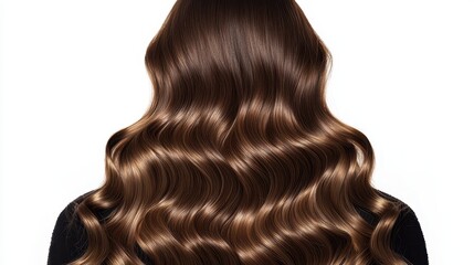 Fototapeta premium A woman with long, wavy brown hair is shown from the back against a plain background, highlighting the texture and shine of her hair.