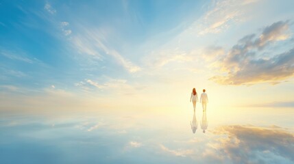Fototapeta premium Couple walking towards horizon serene landscape inspirational journey peaceful atmosphere