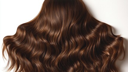 Naklejka premium A rich, wavy hairstyle showcases glossy brown locks flowing elegantly against a plain background.