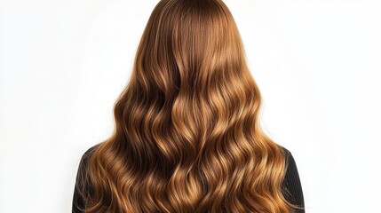 Fototapeta premium A woman with long, wavy, chestnut hair viewed from the back, showcasing its shine and texture against a plain white background.