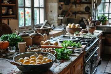 Fototapeta premium Rustic kitchen with wooden countertop showcasing ingredients for traditional French cuisine, including fresh herbs, carrots, potatoes, and bread, creating a warm and inviting cooking atmosphere.