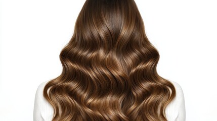 Fototapeta premium A woman with long, wavy brown hair seen from the back, showcasing soft, defined curls and a healthy shine against a plain background.