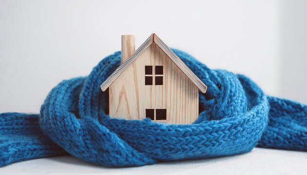 Miniature wooden house wrapped in warm blue scarf on light background. Cozy home concept.