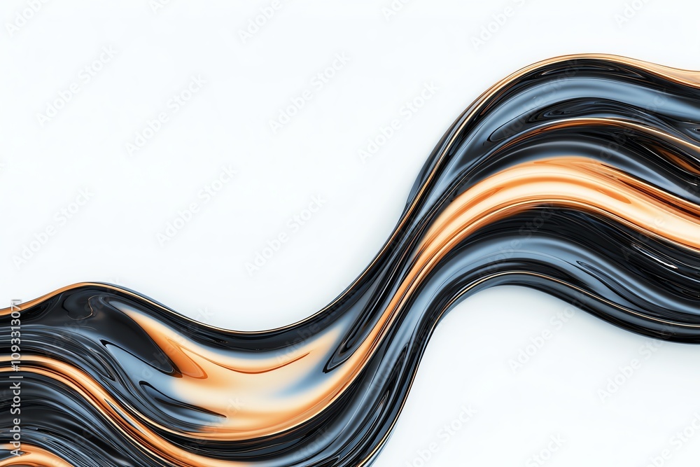 Poster a captivating blend of flowing black and orange paint creating an abstract wave design on a clean wh