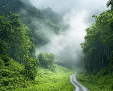 Misty road through lush bamboo forest serene landscape nature tranquil environment