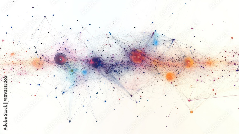 Poster communication network, featuring interconnected nodes and glowing lines that symbolize data transfer