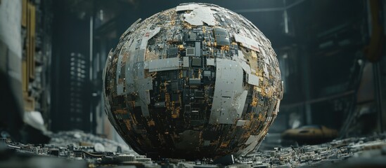 Futuristic sphere of circuit boards in a derelict room.
