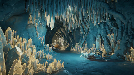 Stunning icy cavern with intricate textures and brilliant light