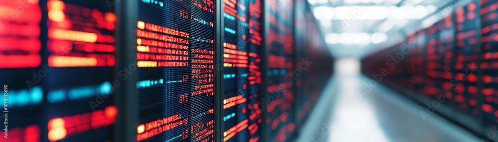Poster a close-up view of a data center filled with servers displaying vibrant red lights, showcasing moder