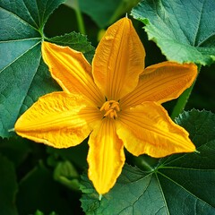 Nature's Canvas: A Yellow Pumpkin Flower in Green Harmony