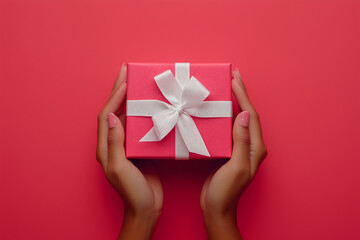 Hands holding a bright pink gift box with a white ribbon against a bold pink background, perfect for festive or celebratory themes with ample copy space for text