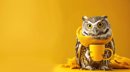 cute owl wearing scarf on yellow background