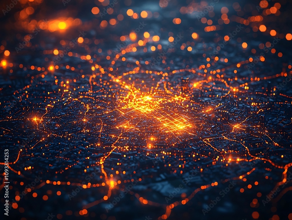Poster glowing digital map of a smart grid connected city showcasing efficient power distribution