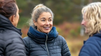 Fototapeta premium Woman Smiles While Talking To Friends Outdoors